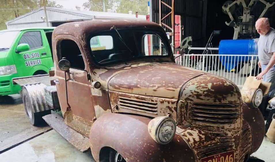 Patina restoration truck at the workshop for glass