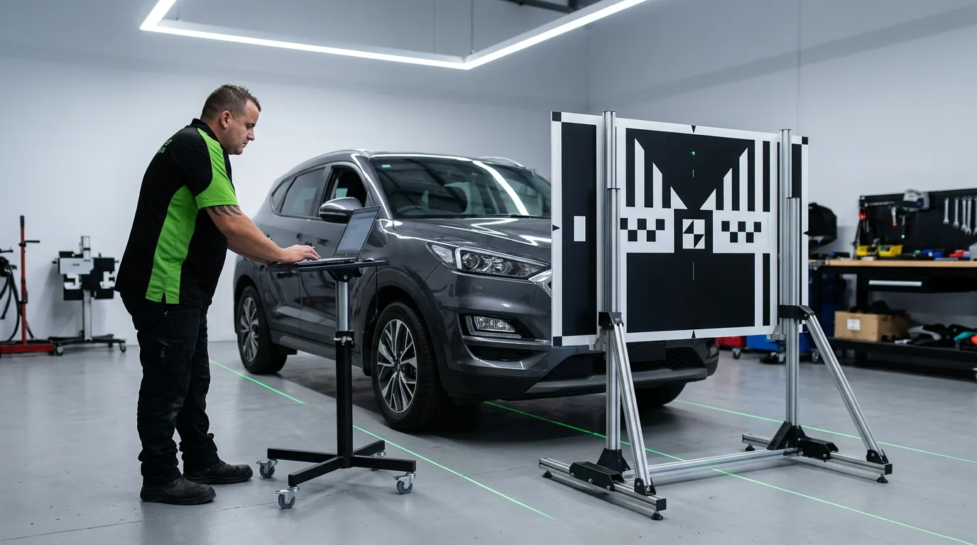 ADAS forward-facing camera being calibrated behind a newly fitted windscreen