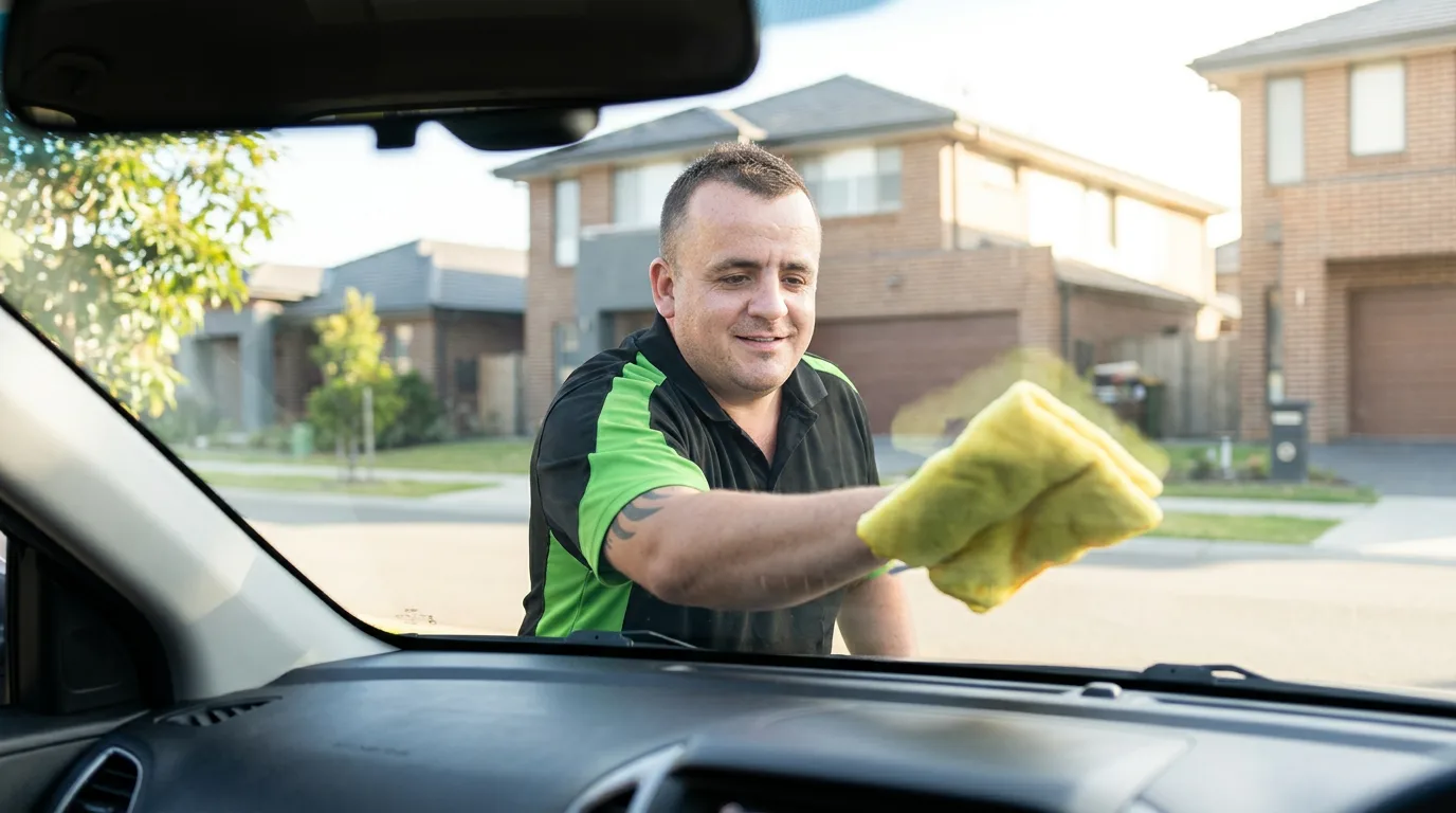 Newly fitted car windscreen being cleaned from inside the vehicle