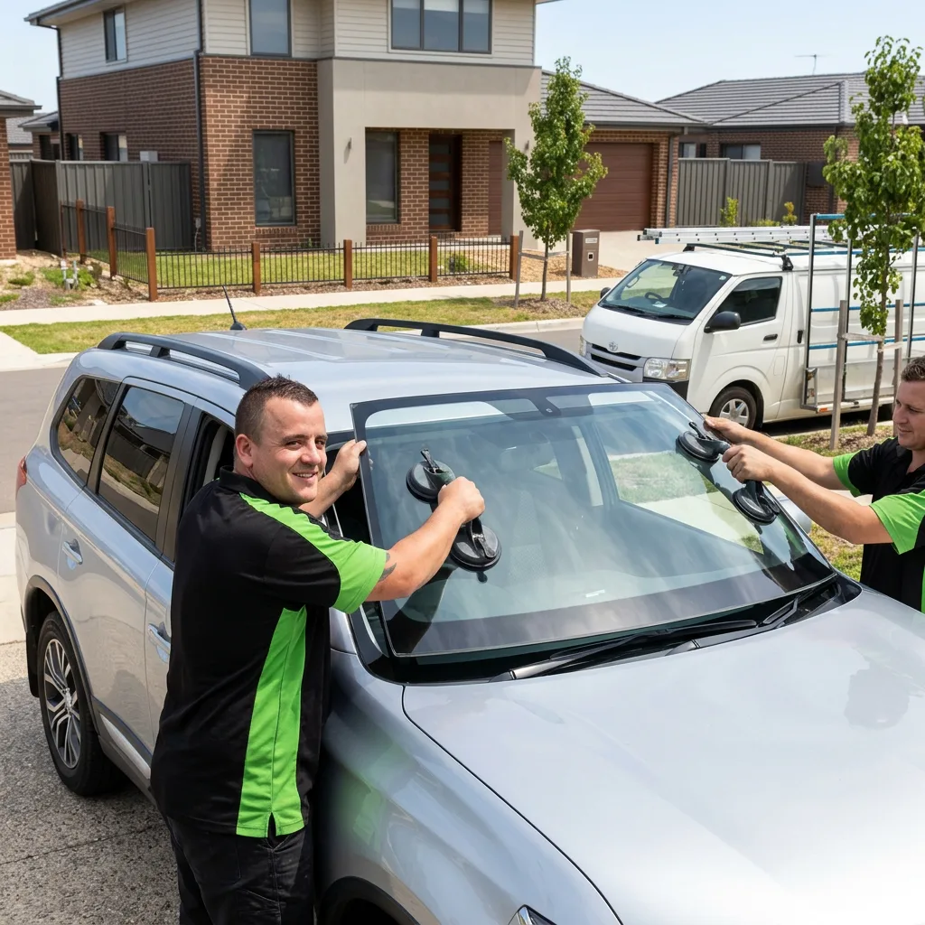 Express Auto Glass van and technician working on a windscreen in a suburban street