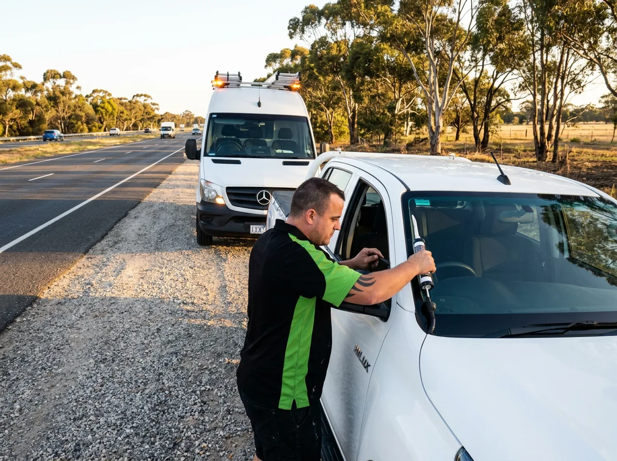 Windscreen being replaced on a car pulled over on a Queensland highway shoulder