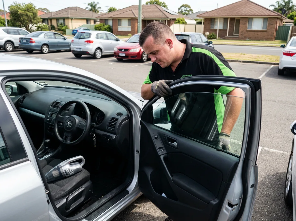 Technician replacing a shattered car door window in a Brisbane car park